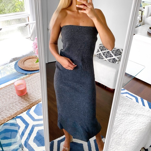 🩶 ZARA GREY WOOL STRAPLESS FITTED RUCHED MIDI DRESS! - Picture 5 of 16